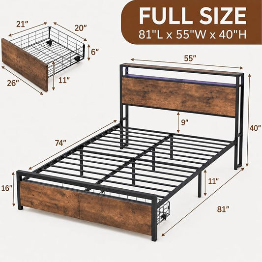 Zevemomo Full Size Bed Frame with Storage Drawers, Bed Frame Full Size with Headboard, LED Light, Charging Station with 3 USB Ports & 1 Type-C Port, Noiseless, Rustic Brown