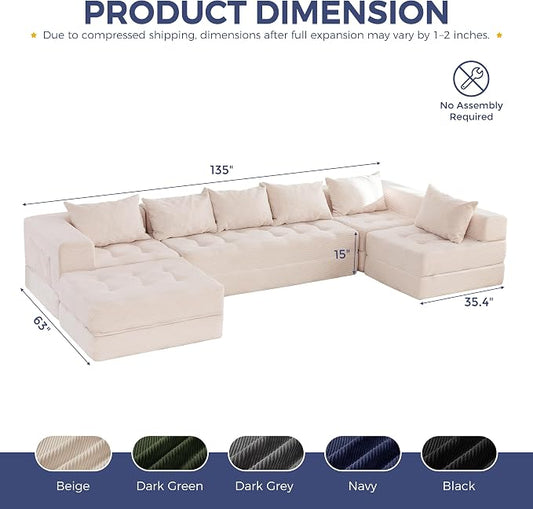 MAXYOYO Modular Sectional Sofa Couch, Foldable U Shaped Cloud Couch with Pillows, Tufted 7-Seat Boneless Lounger Floor Sofa Bed for Living Room, No Assembly Required, Beige