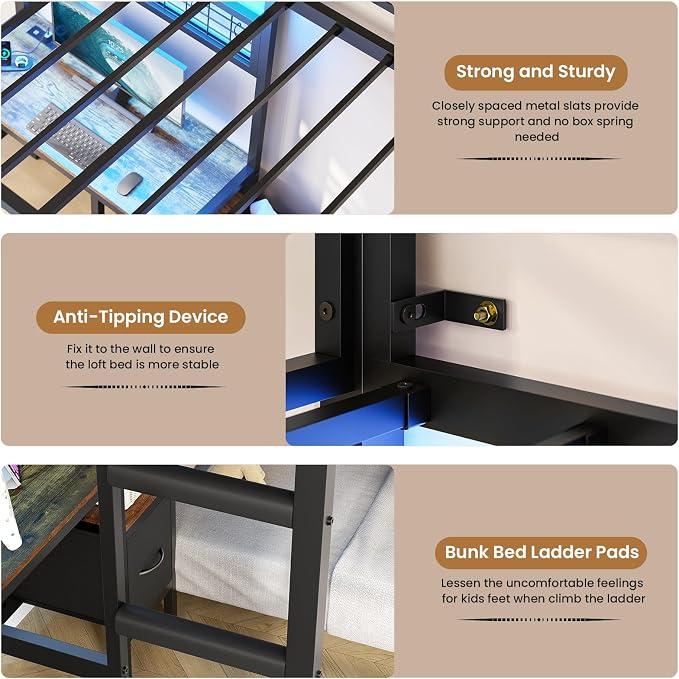DICTAC Bunk Bed Twin Over Twin with Desk,Led Lights and Charging Station twin Bunk Beds with Storage Drawers and Shelves,Metal L-Shaped for kids with Safety Guardrail&Ladder,No Box Spring Needed,Black