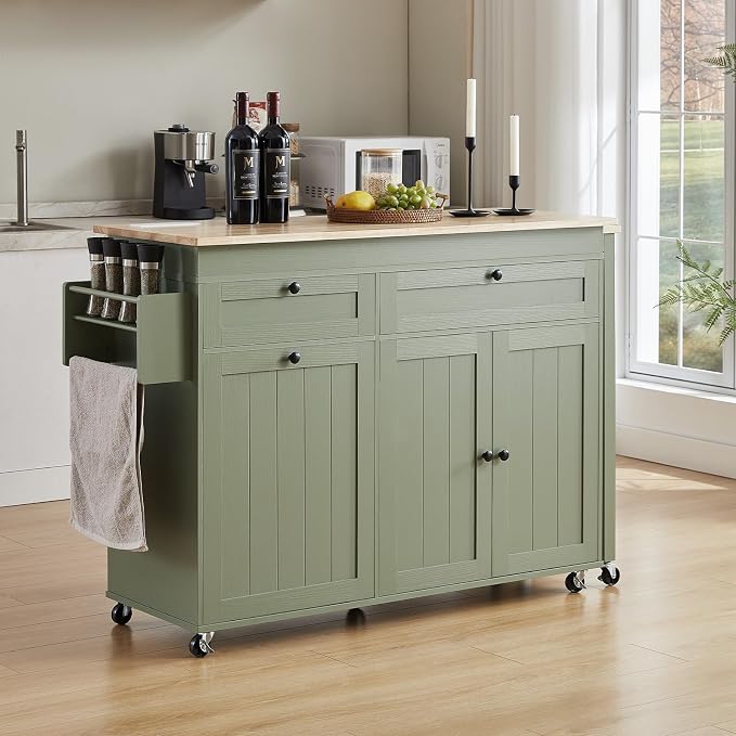 ONBRILL Kitchen Islands with Extendable Dining Table, 81.7" Mobile Kitchen Storage Islands, Rolling Kitchen Cart with Trash Cabinet, Power Outlet, Spice Rack & Towel Rack, Green