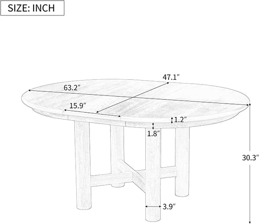 LUMISOL Extendable Round Dining Table for 4-6 People, 47”-63” Oval Kitchen Table with 16” Removable Leaf and Solid Wood Legs for Kitchen, Dining Room, Natural
