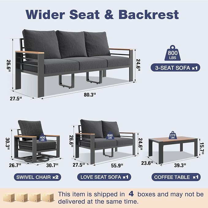 Aoxun Aluminum Patio Furniture Set 7 Seats with Rocking Chair, Oversized Outdoor Sectional with Washable Thick Cushions, Coffee Table, Patio Conversation Sets for Porch, Balcony, Deck,Dark Gray