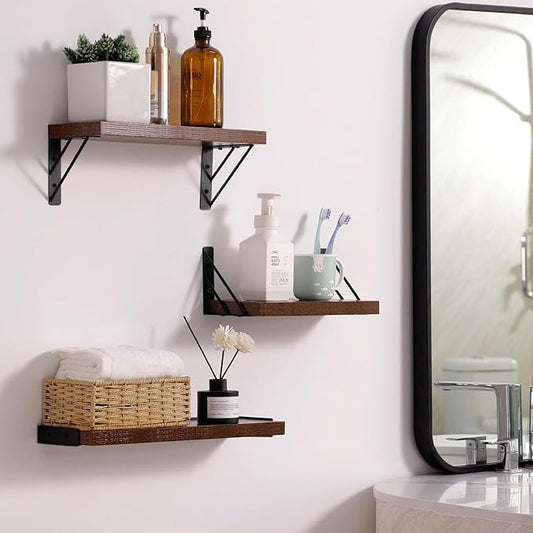 BAYKA Wall Shelves for Bedroom Decor, Floating Shelves for Wall, Display Mounted Rustic Wood Shelf for Books,Plants,Corner Shelves for Bathroom,Kitchen,Living Room(Rustic Brown,Set of 3)