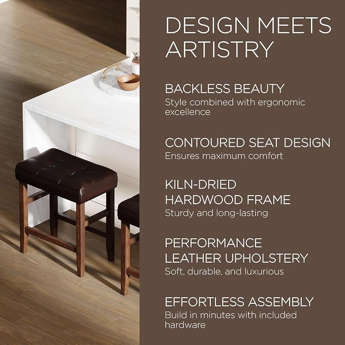 Carte: A La Carte Home Harper 26 Inch Tall Counter Height Backless Stool in True Walnut Wood Finish with Distressed Brown Vegan Leather Seat, Set of 2