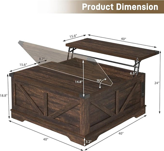 Hlivelood 40” Large Farmhouse Lift Top Coffee Table with Power Outlets and Large Hidden Storage, Square Wood Living Room Tables, Multi-Function Lift Wooden Barn Door Center Table, Brown