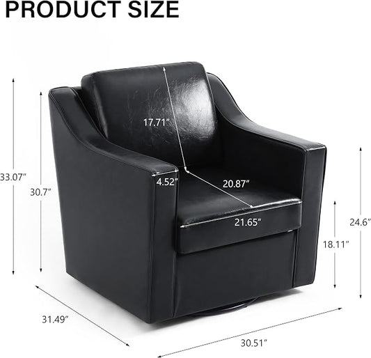 Swivel Accent Chair, Modern Round Barrel Arm Chair for Living Room, Bedroom, Comfy Club Reading Chairs for Adults (Leather Black, Set of 1)