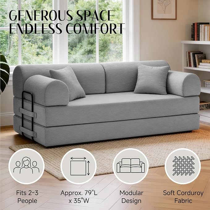 79'' Convertible Sofa Bed, 6 in 1 Folding Floor Futon Couch Sleeper with Fixed Frame, Corduroy Modular Sofa Bed with Removable Armrests & Pillows, No Assembly for Living Room Bedroom (Light Gray)