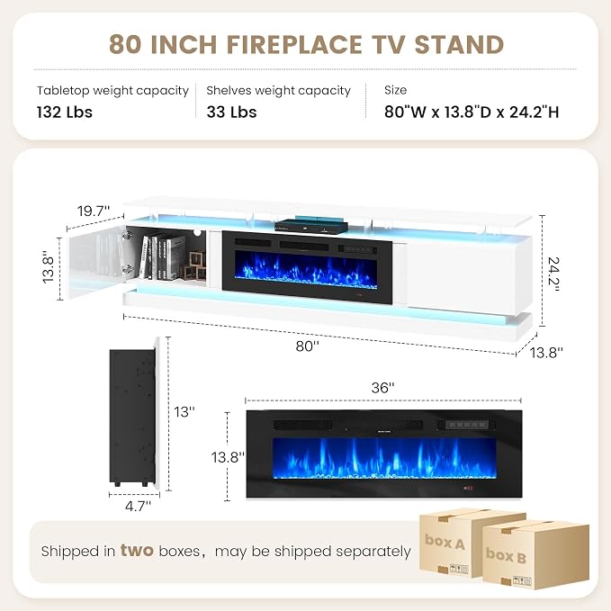80" Fireplace TV Stand, Modern Entertainment Center for TVs Up to 90", TV Console with Storage Cabinets, Media Console for Living Room, White TV Stand and Black Fireplace