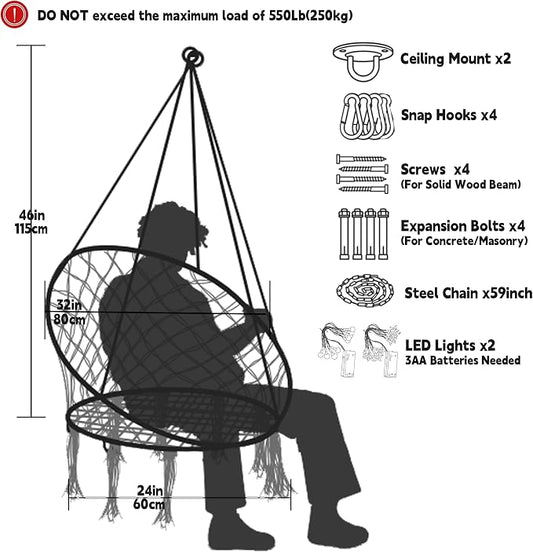 KASHAN Hanging Chair for Bedroom Hammock Chair Swing with Lights and Hardware Kits Holds up to 550Lbs Macrame Swing Chair Hanging Cotton Rope for Patio, Deck, Garden - Cushion Not Included