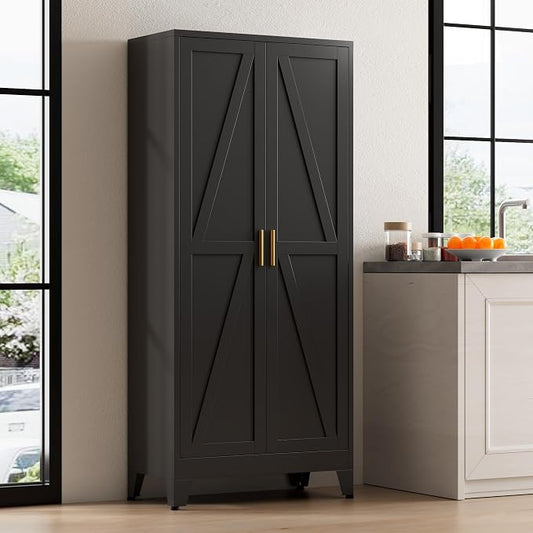 61" Tall Metal Pantry Cabinet, Kitchen Storage Cabinet with 2 Doors and 3 Adjustable Shelves for Kitchen, Living Room, Dining Room, Bathroom and Home, Office (Black, 1PC)
