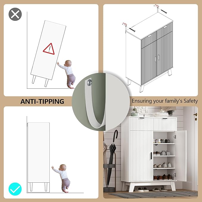 Shoe Cabinet Storage for Entryway with Doors, 4 Tier Fluted Shoe Organizer with 2 Drawers, Entryway Shoe Storage with Adjustable Shelves, Freestanding Hidden Shoe Rack for Front Door Entrance, White