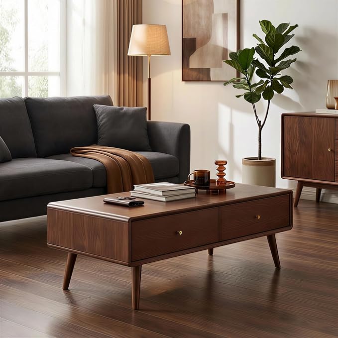 47.24" Solid Wood Coffee Table with Large Storage for Living Room, Oak Coffee Table with 4 Drawers, Mid-Century Modern Coffee Tables for Home (Walnut Color)