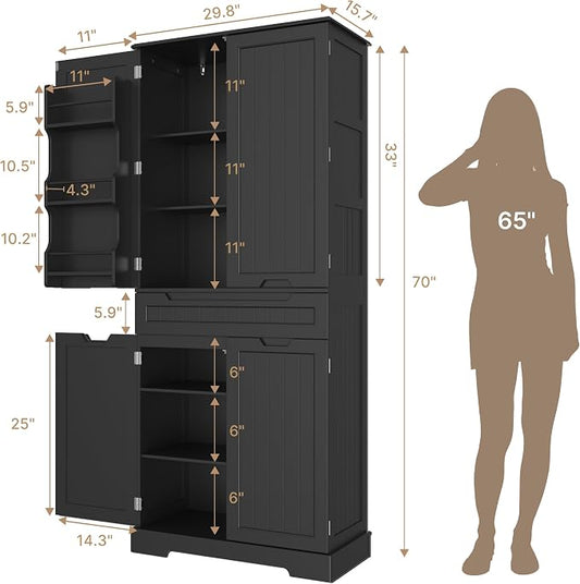 Gizoon 70" Tall Kitchen Pantry Cabinet with Doors and Adjustable Shelves, 5-Tier Multipurpose Pantry Storage Cabinet with Drawer Freestanding Organizer for Small Kitchen Bathroom Laundry Room, Black