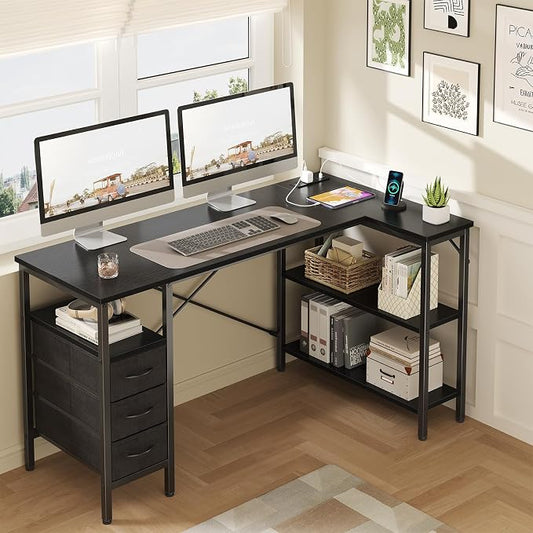 DUMOS L Shaped Desk with Shelf Drawers 55 Inch, Black Corner Computer Desks Gaming with Power Outlet, Study Table with Adjustable Shelves, Home Office Tables for Bedroom Teacher Reading Writing