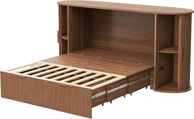 AMERLIFE Full Murphy Bed with Storage Bedside Shelves & Sliding Tambour Door, Modern Cabinet Bed with Charging Station & Curved Fluted Design for Bedroom/Guest/Home Office, Brown