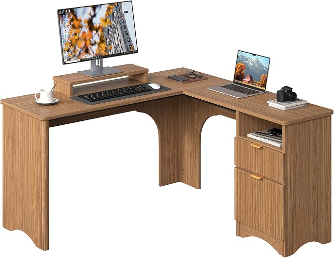 Bestier L Shaped Desk with File Drawer, 55.7" x 55" Office Computer Desk with Round Corners, Modern Desk with Monitor Stand & Fluted Panels for Home Office, Brown Oak