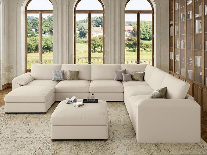 EASE MOOSE Faux Leather Sectional Couch, Oversized Modular Sofa, Modern Comfy Modular Couch, Scratch Resistant Material Sofas, U Shaped Couch for Big Spaces, Beige