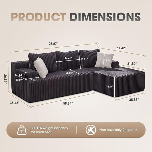 Hobestluk Boneless Couch Modular Sectional Sofa L-Shape Cloud Couch Lounge | 96" Right Facing Chaise Darkgrey,Memory Foam,Removable Cover,Non-slip Bottom,No Assemble Required,Furniture for Small Home