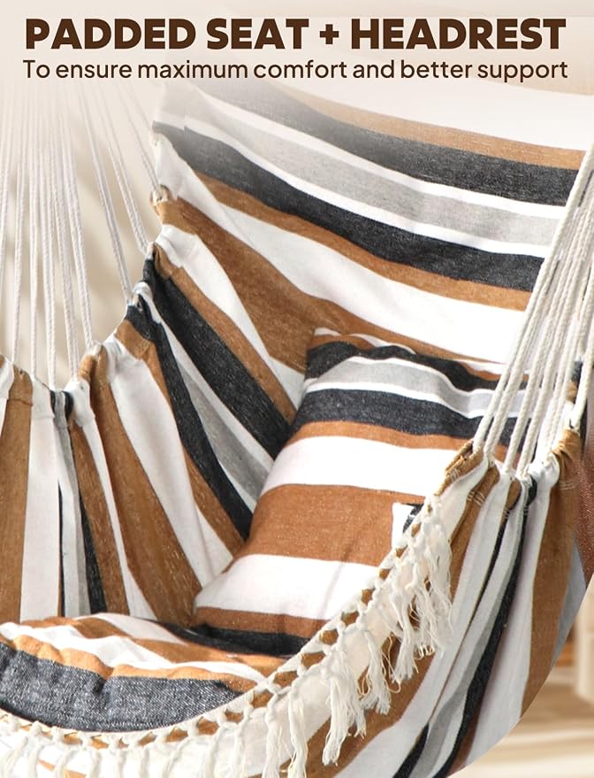 Chihee Hammock Chair Hanging Swing 2 Pillows Included,Strong Webbing Straps and Hooks for Easy Hanging Soft Cotton Hanging Chair Side Pocket Tassel Chair Comfort Indoor Outdoor Brown Stripes