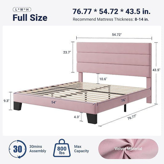 Allewie Full Size Platform Bed Frame with Velvet Upholstered Headboard and Wooden Slats Support, Fully Upholstered Mattress Foundation/No Box Spring Needed/Easy Assembly, Pink