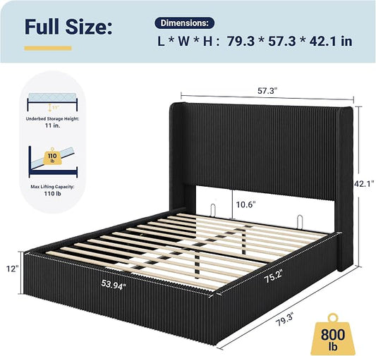 Allewie Full Lift-Up Storage Bed Frame with Modern Wingback Headboard, Corduroy Upholstered Platform Bed, Hydraulic Gas Lift Support, Underbed Storage, Wooden Slats, No Box Spring Needed, Black