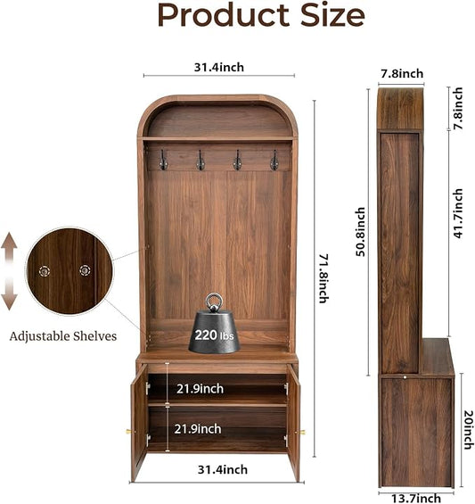Narrow Entryway Hall Tree with Storage Bench, Modern Fluted Coat Rack and 2-Door Shoe Cabinet for Small Spaces, Arched Mudroom Organizer to Hide Clutter, Walnut