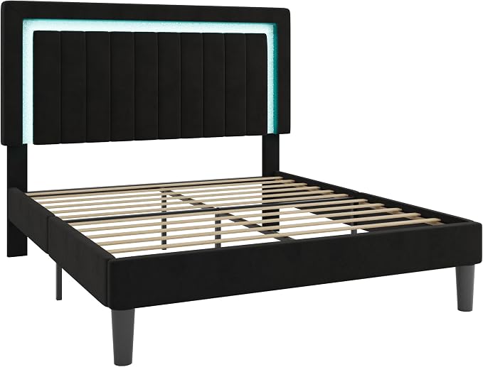 SHA CERLIN Queen Size Velvet Bed Frame with LED Light, Adjustable Vertical Channel Tufted Headboard, Strong Wooden Slats Support, Noise-Free, No Box Spring Needed, Black