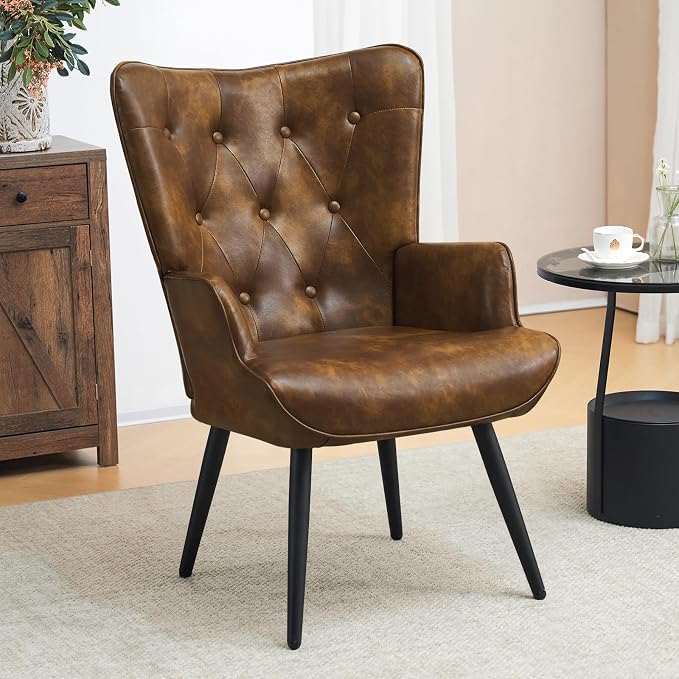 Furniliving PU Leather Accent Chair for Living Room, Upholstered Reading Chair with High Backrest, Tufted-Button Wingback Armchair for Bedroom, Dressing Room, Home Office, Brown, Set of 2