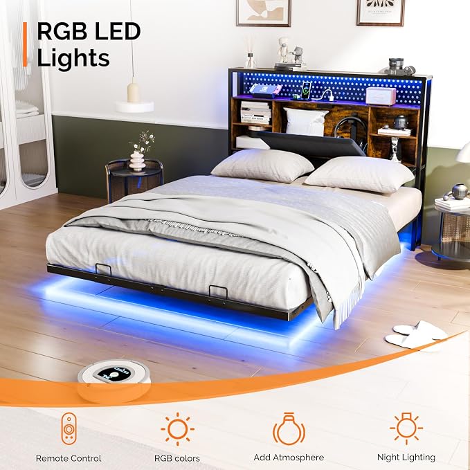 VINGLI Full Size Floating Bed Frame with Headboard, LED Lights & Charging Station, Cozy Velvet Upholstered Headboard, Hidden Storage, Heavy Duty Metal Frame, No Box Spring Needed, Easy Assembly, Black