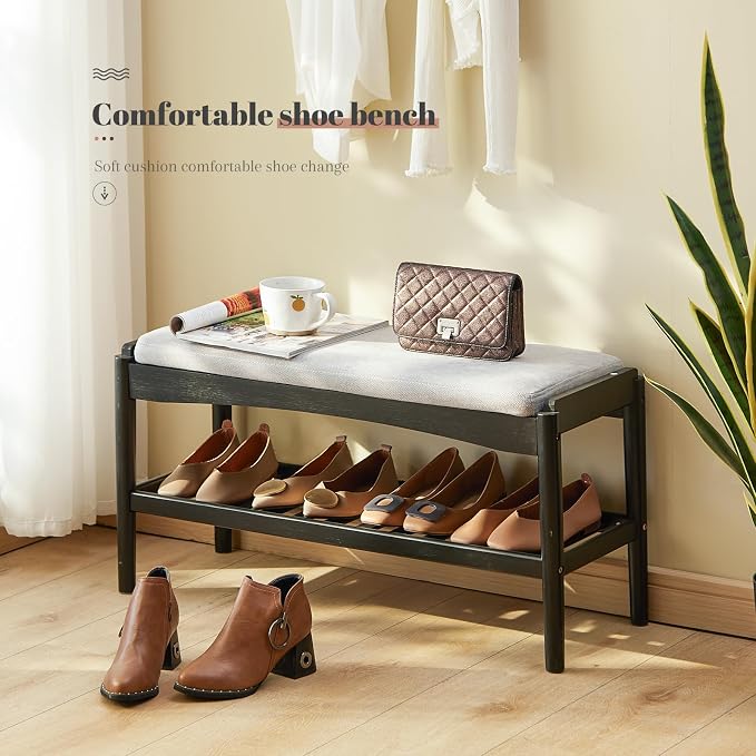 STDDRE Shoe Bench Entryway Bamboo 2-Tier Shoe Rack with Cushion Padded Seat Shoe Bench Organizer Stable for Hallway, Living Room, Bedroom(31.5 * 11.4 * 16.5IN, Black-Gray)