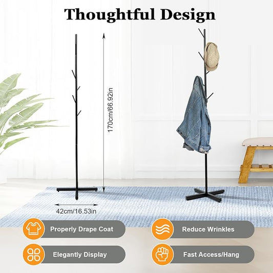 Modern Hall Tree,Floor Standing Coat Rack with 7 Hooks,Entryway Coats Stand for Hallway,Bedroom,Living Room,Office,Black