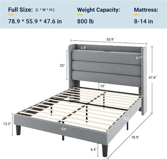 Allewie Full Size Upholstered Bed Frame with Charging Station & Storage Headboard, Soft Velvet Wingback Platform Bed, Strong Wooden Slats Support, No Box Spring Needed, Easy Assembly, Light Grey