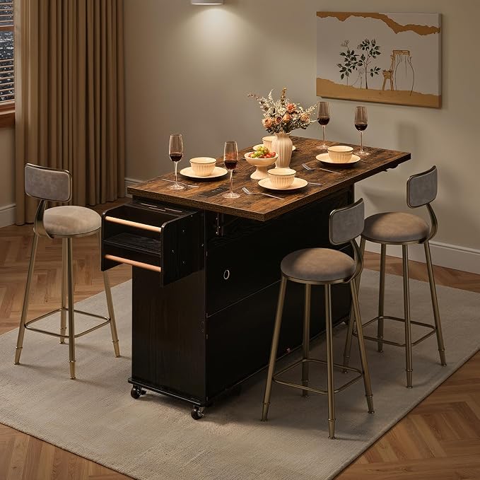 60.2" Kitchen Islands with Storage, Kitchen Island Cart with Trash Can Storage Cabinet, Rolling Kitchen Island Table with Drop Leaf & Power Outlet & Spice Rack & Towel Rack & Knife Holder, Black