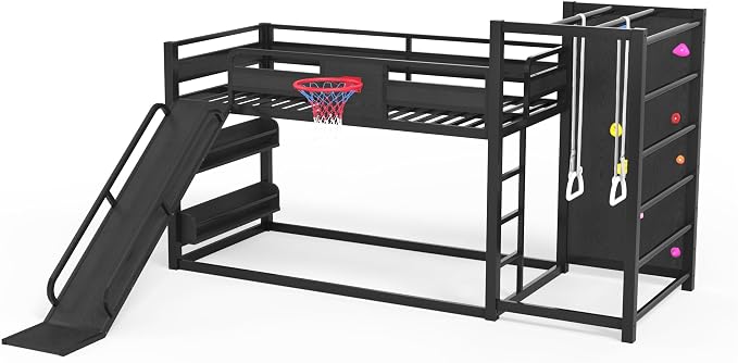 Bellemave Twin XL Bunk Bed with Basketball Hoop, Pull-up Rings and Climbing Wall, Twin XL Bunk Bed with Slide and Bookcase, Heavy Duty Bunk Beds with Guardrail, Black