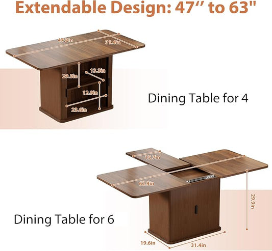 Extendable Dining Table for 4–6, 47″–63″ Rectangular Kitchen Table with Storage, Mid Century Modern Expandable Dinner Table for Dining Room,Kitchen