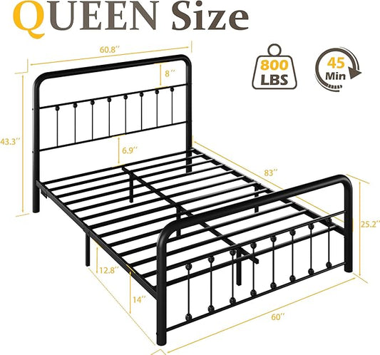 Fluest 14 Inch Queen Bed Frame Classic Metal Platform Bed Frame with Charging Station & LED, Victorian Style Iron-Art Headboard/Footboard, Under Bed Storage, No Box Spring Needed, Noise Free