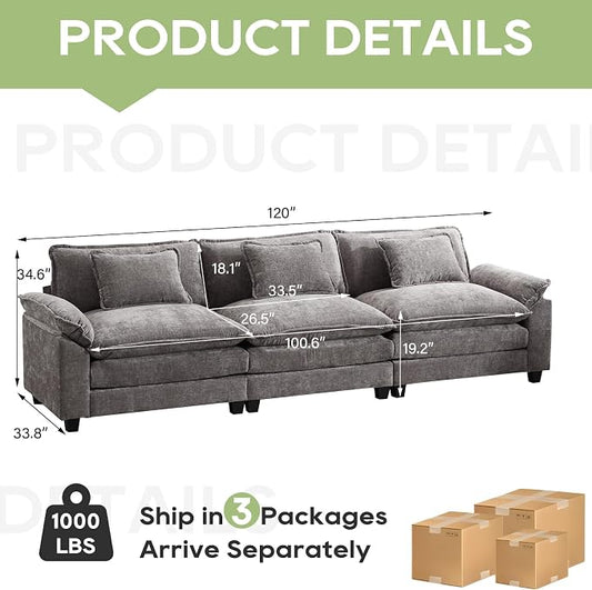 Oprisen 120" Modular Sectional Sofa, Comfy Cloud Couch Sectional Sofa, Chenille Sofa Sleeper Deep Seat Sofa with Throw Pillows for Living Room (Light Gray, 120"- 3 Seater)
