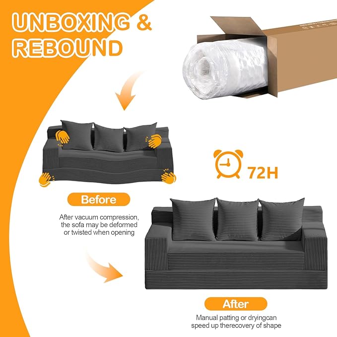 Erament 3 Seater Boneless Couch Sofa Bed, 78'' Corduroy Oversized Loveseat Folding Sofas Bed, Compression Convertible Futon Floor Couch Sofa Beds with 3 Pillows for Living Room Bedroom Apartment
