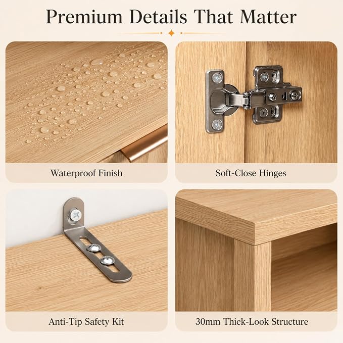 VINGLI Bathroom Storage Cabinet with 3 Drawers & Door, Slim Freestanding Floor Cabinet Organizer for Small Spaces, 30mm Thick-Look Top & Legs, Adjustable Shelf, Modern Fluted Cabinet, Natural Oak