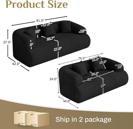Oversized Sectional Sofa for Living Room, 91" + 76'' Modern Luxury Plush Chenille Extra Deep & Wide Seat Curved Cloud Couch with Throw Pillows, No Assembly Needed, Black