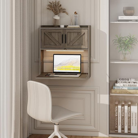 ARTETHYS Wall Mounted Desk Folding with Light Drop Down Hanging Desk,Gray | 3 Color Adjustable Light, Fold Down Computer Desk, Writing Workstation with Storage Compartment, Space Saving for Home Office