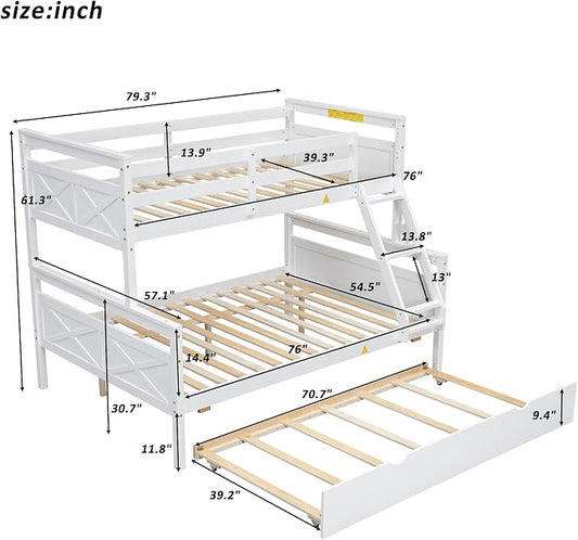 Merax Trundle Bunk Bed, Twin Over Full Wood Bunk Bed with Twin Size Trundle and Ladder, 3-in-1 Convertible to 2 Separate Beds, Solid Wood Frame with Guardrail, White