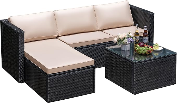 Greesum 3 Piece Patio Furniture Set Outdoor Wicker Rattan Sectional Sofa with Adjustable Seat, Soft Cushions & Coffee Table for Yard, Garden, Porch, Poolside, Beige