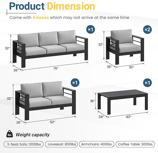 Solaste Aluminum Patio Furniture Set for All Weather, Oversized Metal Outdoor Furniture with 27.5" Deep Seating and 3.2" Wide Armrest, Patio Conversation Set with 10’’ Back Cushion, Black and Grey