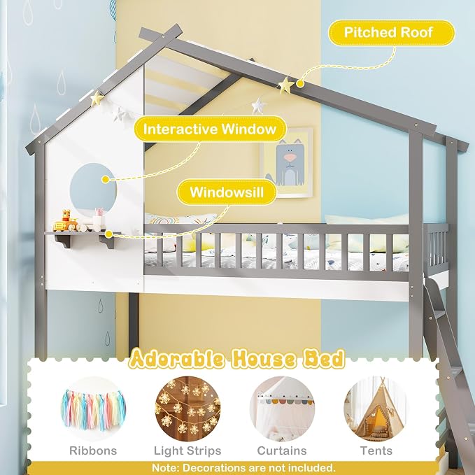 Giantex Bunk Bed Twin Over Twin, Solid Wood Floor Bunk Bed with Ladder & Full-Length Guardrails, House Shaped Bunk Beds for Kids, Girls, Boys, Dormitory and Bedroom, No Box Spring Needed