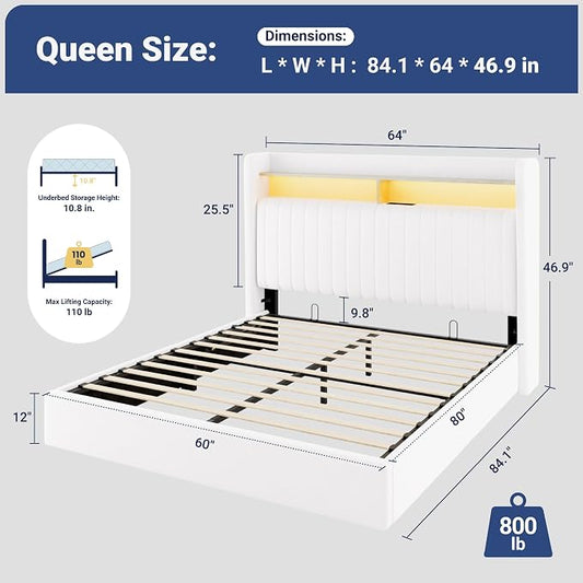 Allewie Queen Size Lift Up Hydraulic Storage Bed Frame, 2-Tier Shelf Headboard with LED Lights and Charging Station, USB and Type C Ports, Wingback Velvet Headboard, No Box Spring Needed, White