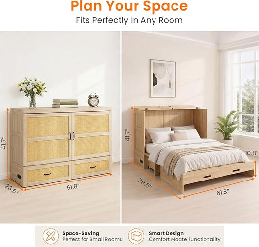 CECER Queen Murphy Bed with Mattress for Guest/Small Space-Natural Wood | Built-in Multi-Port Charging Station & Large Storage Drawer,Space Saving & Easy Assemble and Conversion