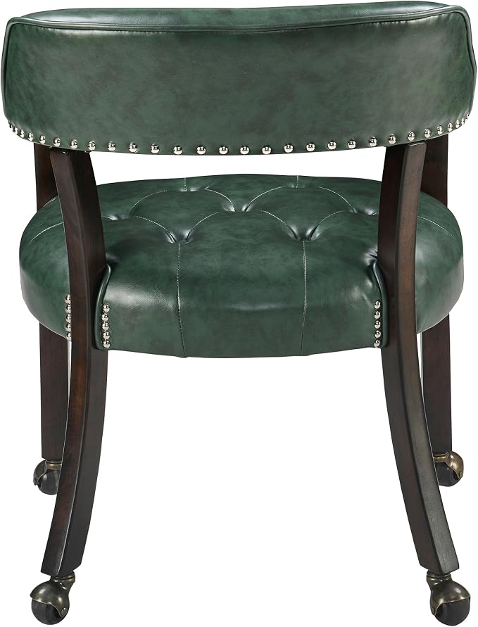 LEEMTORIG Set of 2 Large Dining Chairs with Casters and Arms, Rolling Dining Chairs with Wheels, Game Poker Chairs, Boss Caption's Chairs, 26" Dx25.2 Wx31.5 H, Espresso Legs & Green PU, XXY-1910-GN