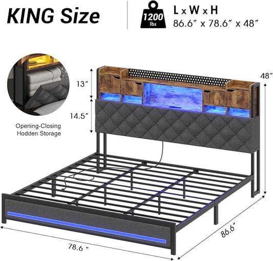 Dnxao King Size Bed Frame with Storage and Upholstered Headboard,Heavy Duty Metal Platform Bed with LED Lights,Charging Station & Hidden Shelves,Noise-Free,No Box Spring Needed,1200lbs,Gray