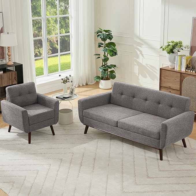 Kingfun Living Room Furniture Sets, Standard & Accent Chair, Mid Century Modern Decor Sofa Couches, Button Tufted Upholstered Furniture, Gray | linen fabric